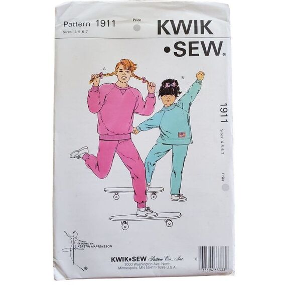 Vintage 80s Kwik Sew Pattern 1911 Uncut Girls Jogging Suit Sweatshirt 4 5 6 7 - Picture 2 of 4